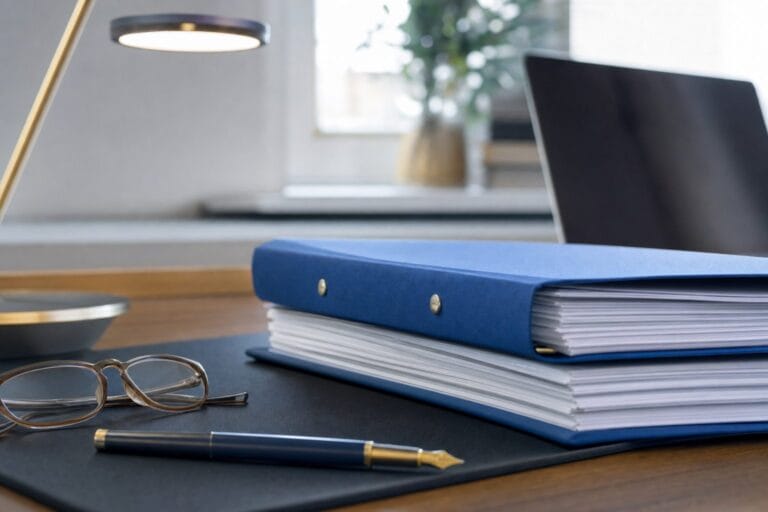 Blauer Aktenordner mit Dokumenten, Brille und Füller auf einem Schreibtisch