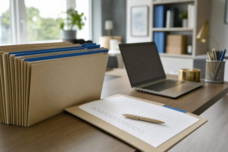 Geordnete Fallakten mit blauen Reitern und Checkliste auf einem HR-Schreibtisch