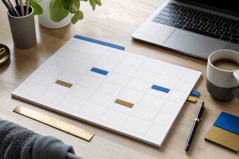 Monatsplaner mit blauen und goldenen Markern neben Laptop und Kaffeetasse