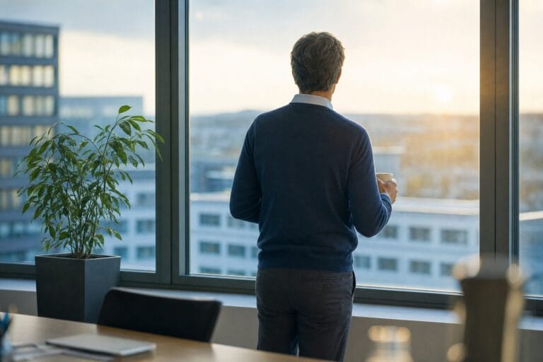 Mitarbeiter von hinten am Bürofenster im Morgenlicht, ruhige Atmosphäre