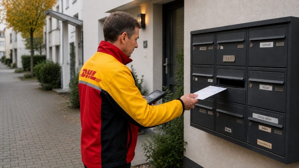 DHL-Bote stellt Brief in Mehrfamilienhaus-Briefkasten zu