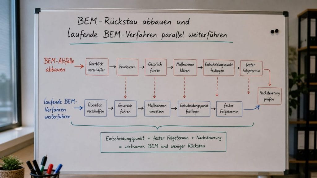 Whiteboard mit BEM-Prozess und Ablaufdiagramm