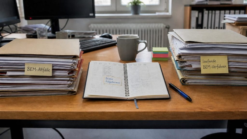Schreibtisch mit BEM-Aktenstapeln und offenem Terminkalender