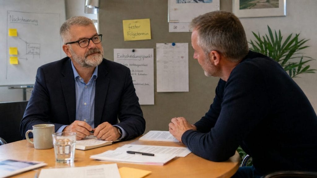 Zwei Männer im Gespräch am Bürotisch