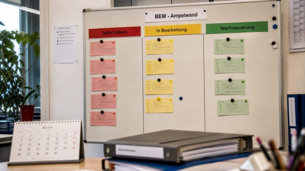 BEM-Ampelwand mit roten, gelben und grünen Karten