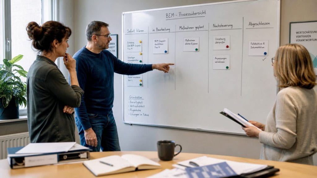 Team bespricht BEM-Prozess am Whiteboard im Büro
