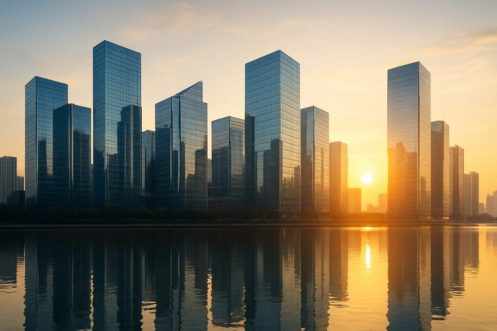 Moderne Glasgebäude bei Sonnenaufgang am Wasser.