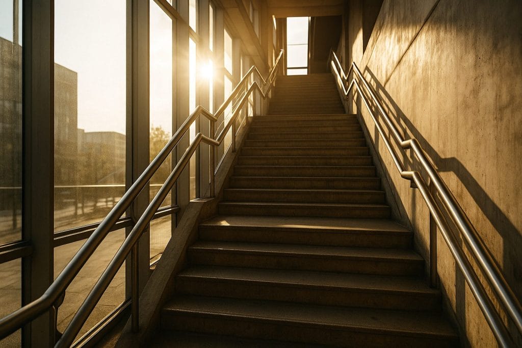 Treppenhaus mit Sonnenlicht und Geländer