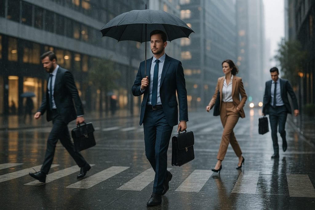 Menschen mit Regenschirmen auf nasser Straße.