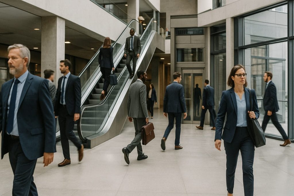 Menschen in Businesskleidung im modernen Bürogebäude