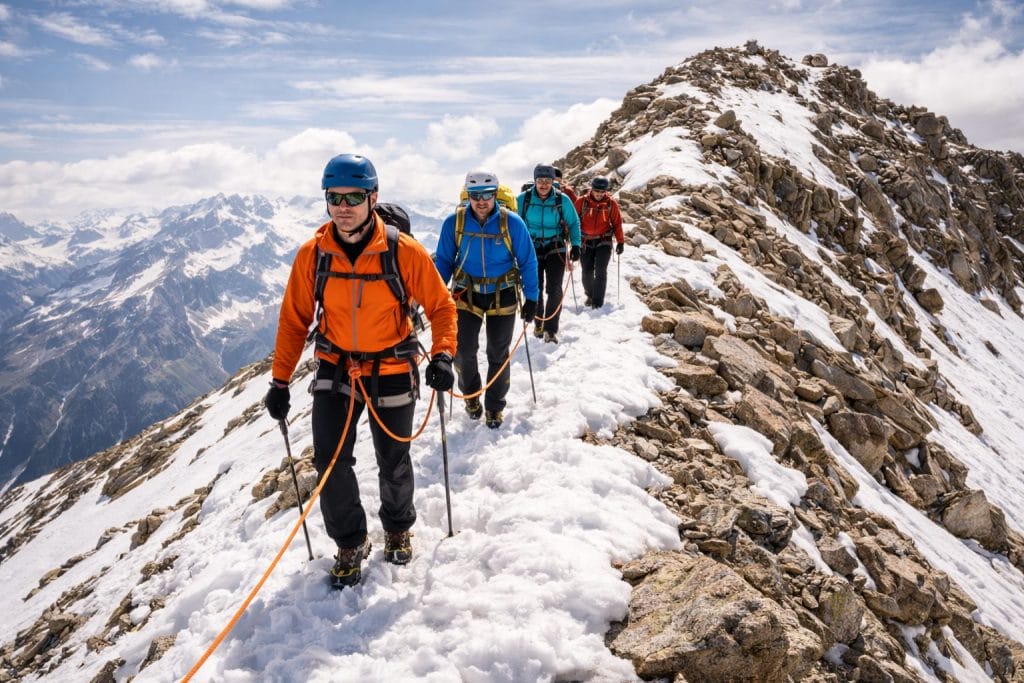 Bergsteiger auf schneebedecktem Gipfel in den Alpen