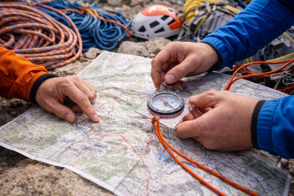 Zwei Personen nutzen Karte und Kompass beim Wandern.