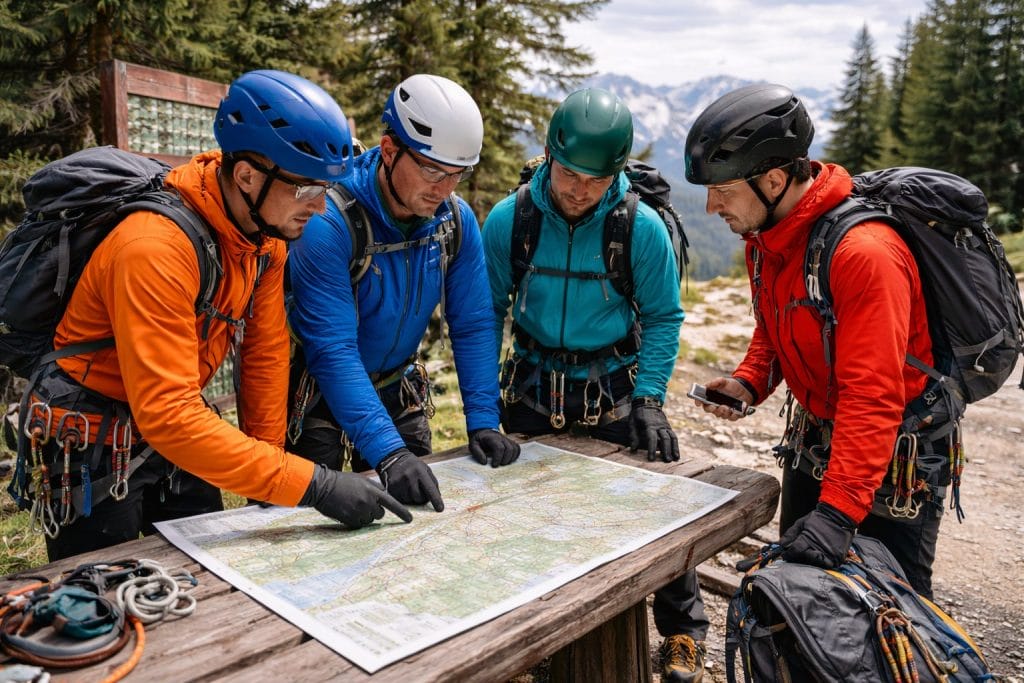 Gruppe von Kletterern plant Route mit Karte im Wald.