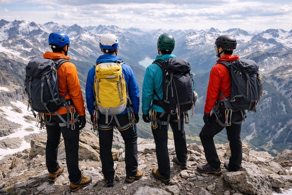 Bergsteiger blicken auf Bergpanorama