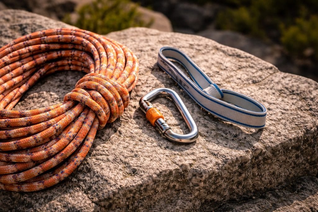 Kletterausrüstung auf Felsen: Seil, Karabiner, Schlinge