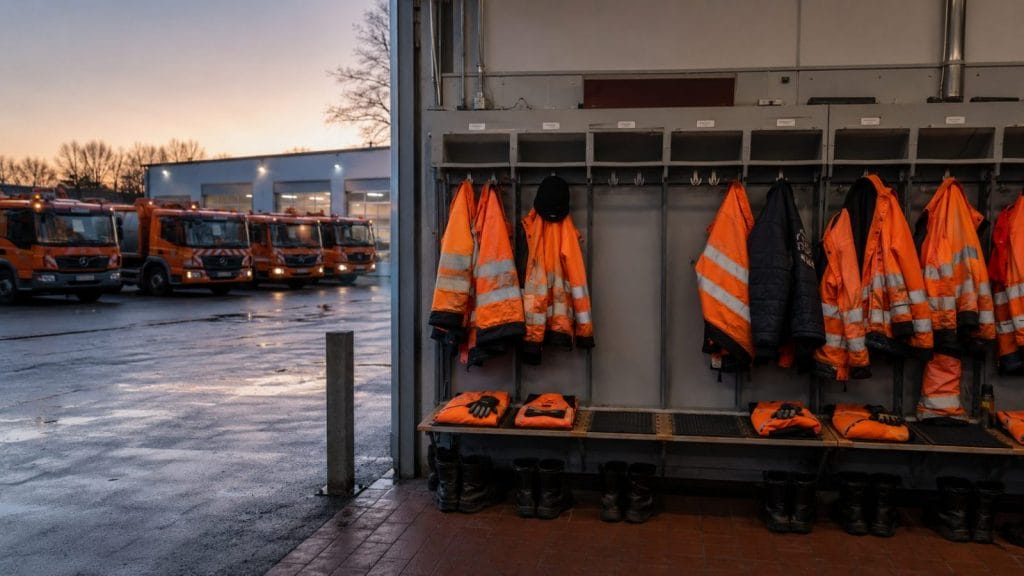Spinde mit Warnjacken und Müllfahrzeugen draußen