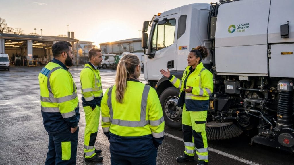 Mitarbeiter besprechen Einsatz neben Straßenreinigungsfahrzeug