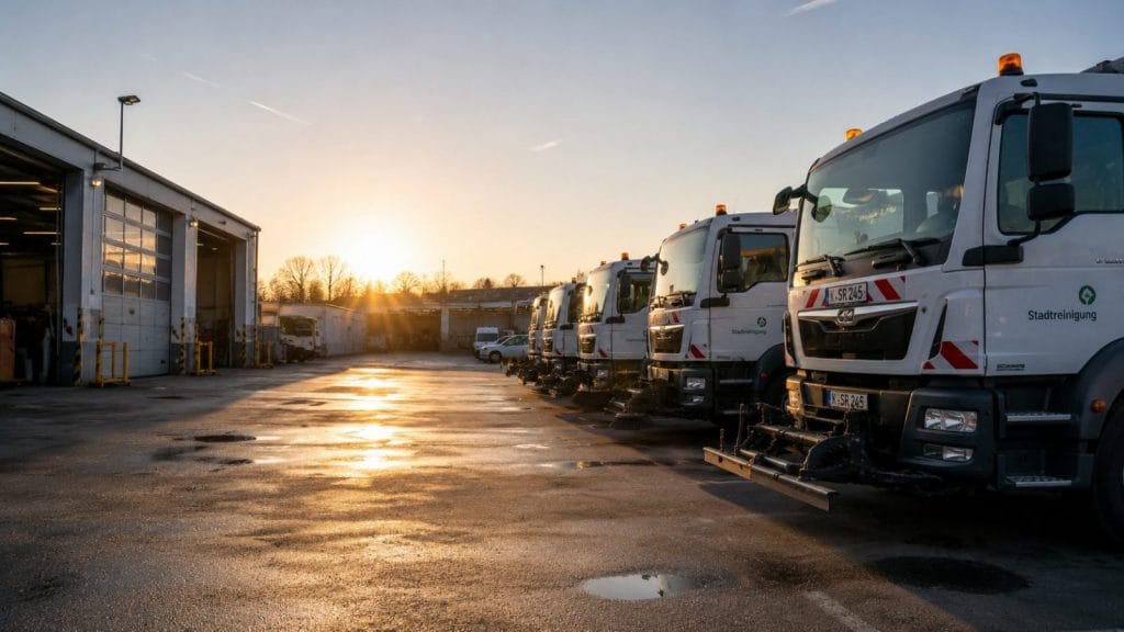 Straßenreinigungsfahrzeuge im Depot bei Sonnenaufgang