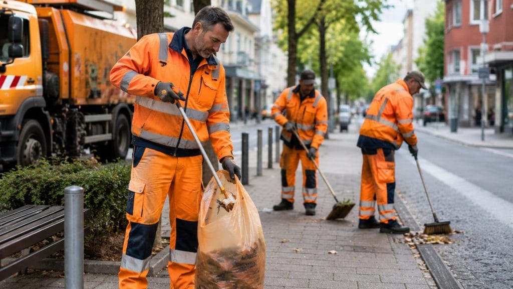Stadtreinigungskräfte säubern Gehweg mit Besen und Müllsack