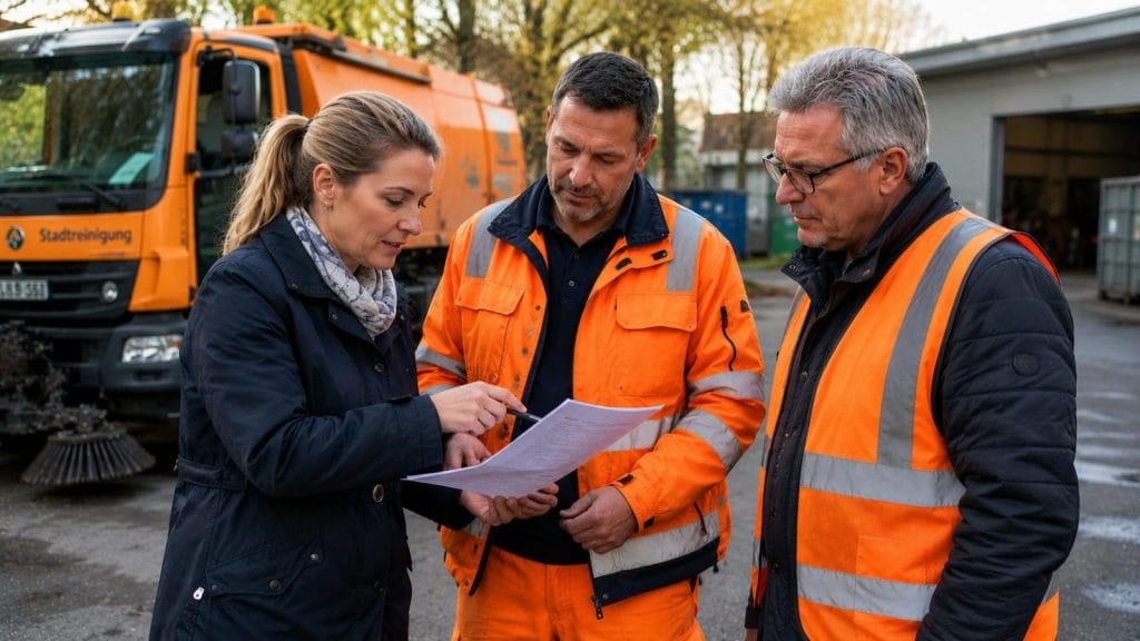 Drei Personen besprechen Dokument vor Stadtreinigungsfahrzeug