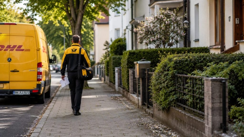 DHL-Zusteller auf Wohnstraße mit Lieferwagen