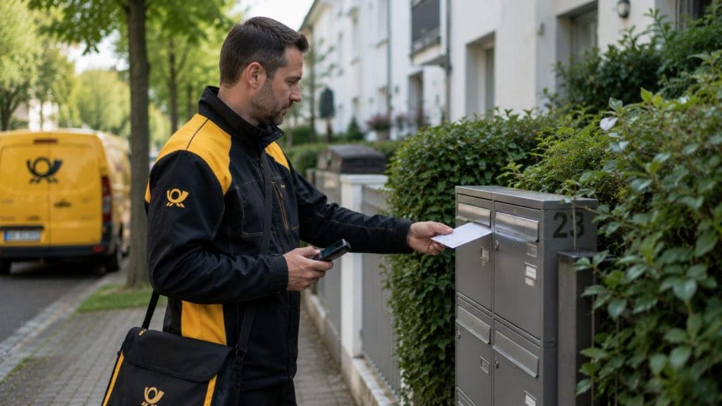 Postbote steckt Brief in Briefkasten