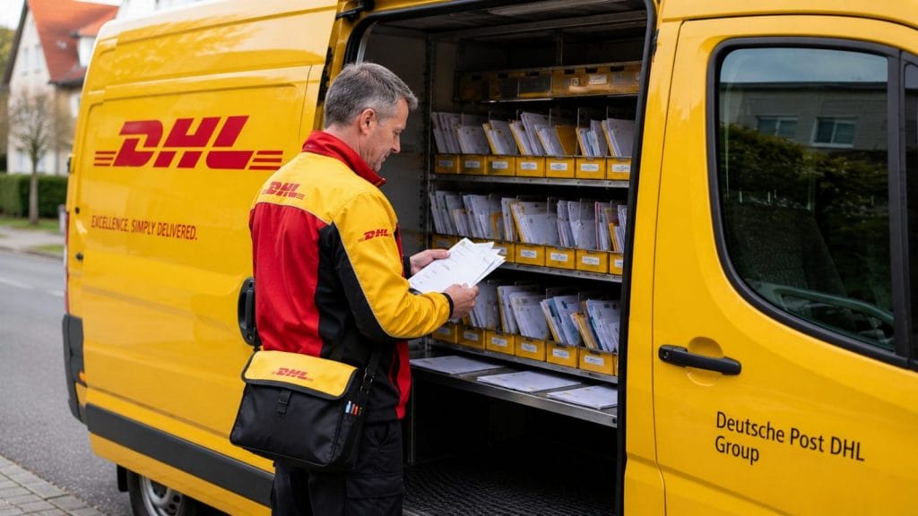 DHL-Zusteller sortiert Briefe im gelben Lieferwagen