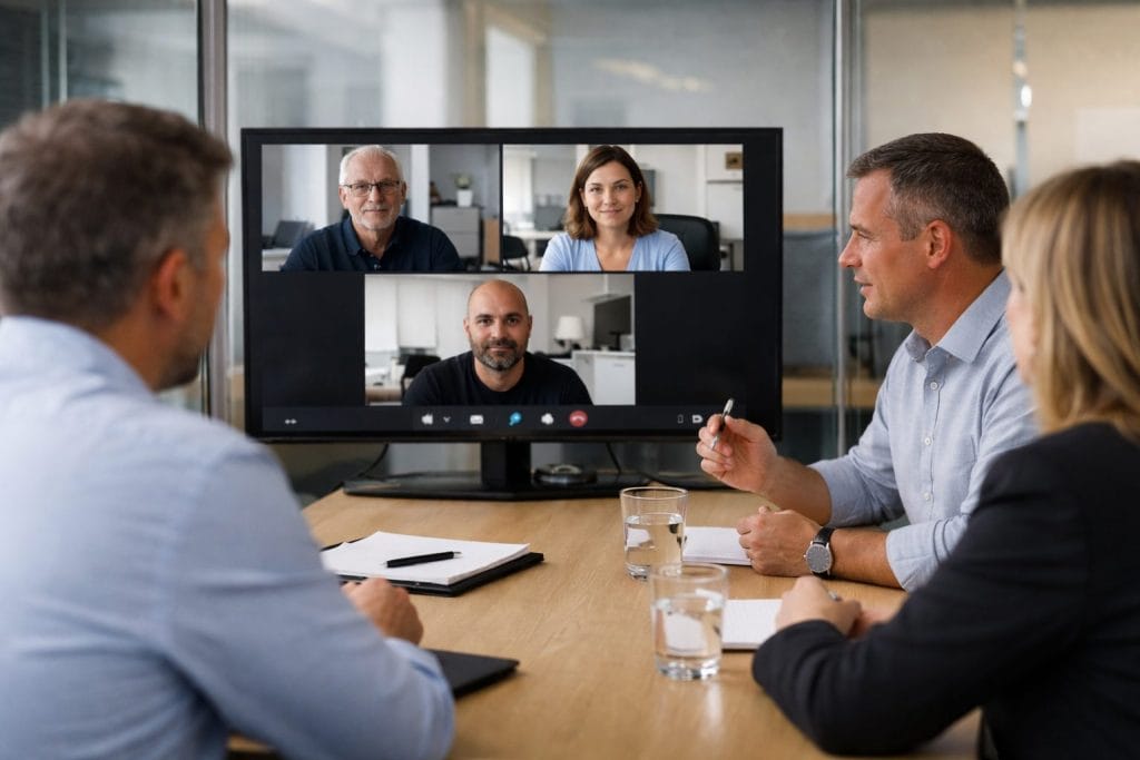 Videokonferenz im Besprechungsraum mit drei Remote-Teilnehmern