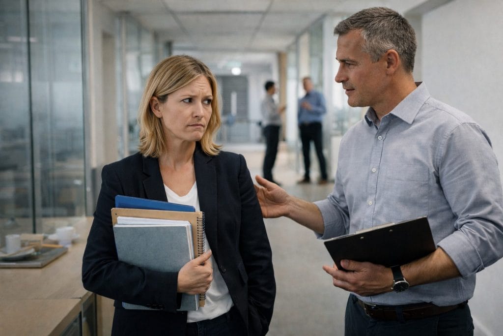 Zwei Kollegen im Büroflur im Gespräch