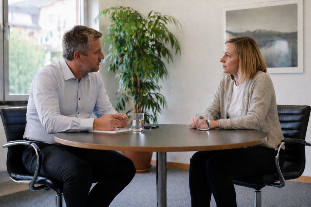 Zwei Personen im Gespräch am runden Tisch