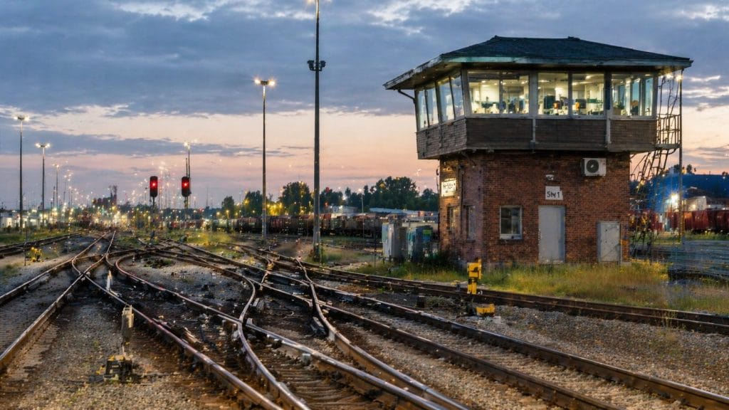 Stellwerk am Rangierbahnhof bei Dämmerung