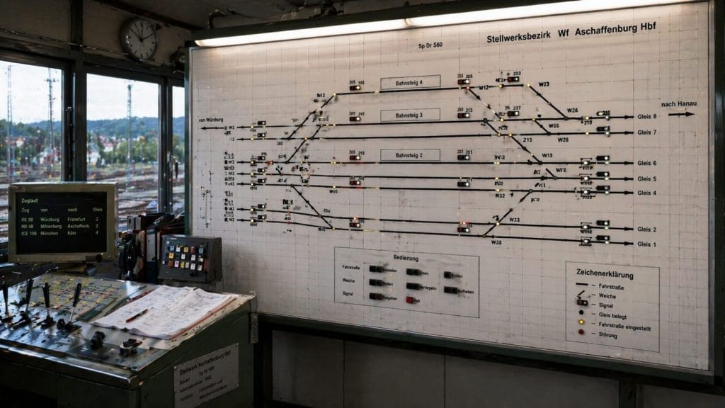 Stellwerk mit Gleisbildtafel im Bahnhof Aschaffenburg