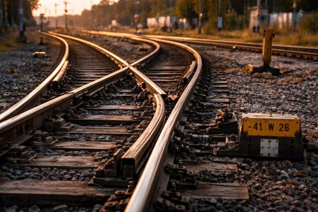 Bahngleise mit Weiche im Abendlicht
