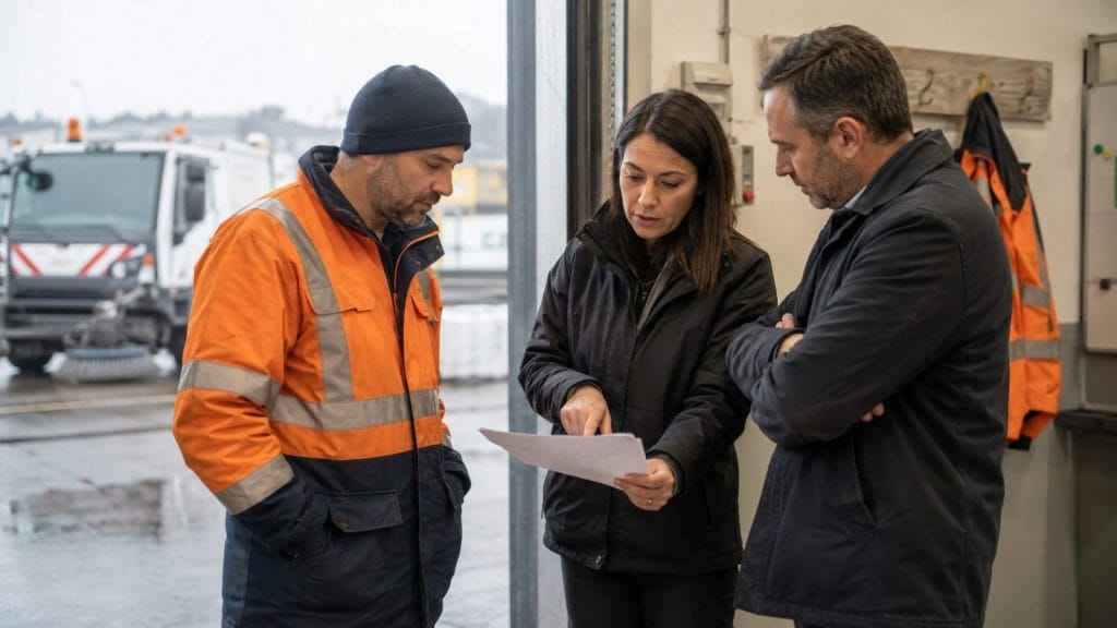 Drei Personen besprechen Dokument in Werkstatt