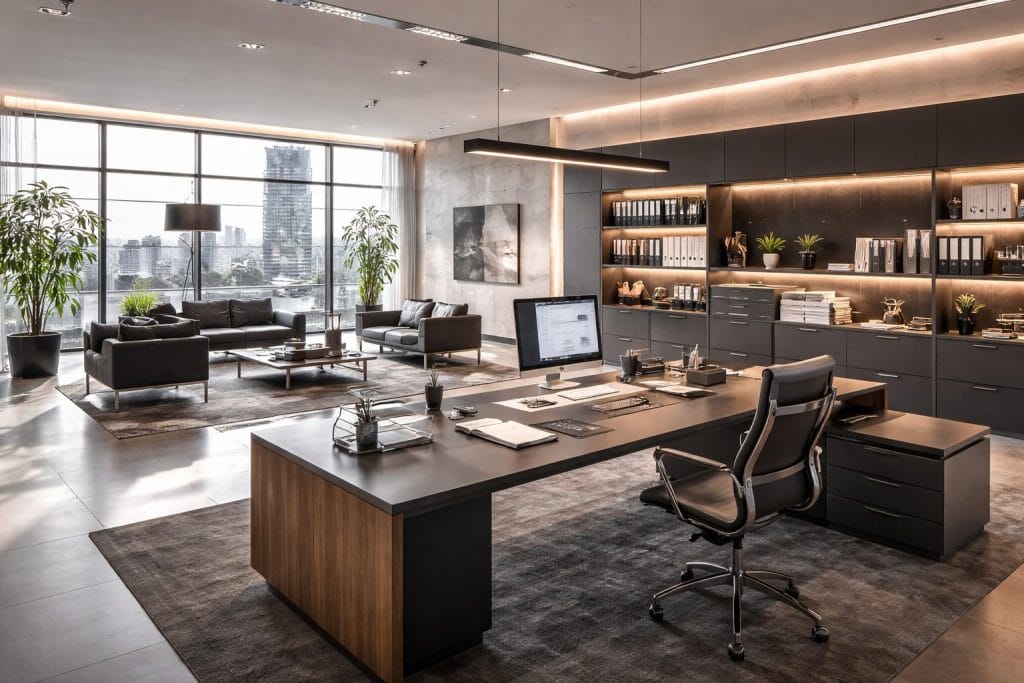 Modernes Büro mit Schreibtisch und großer Fensterfront.