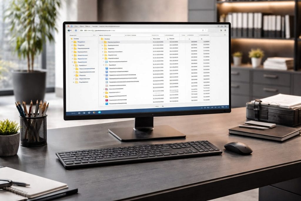 Moderner Schreibtisch mit Computer und Ordnern