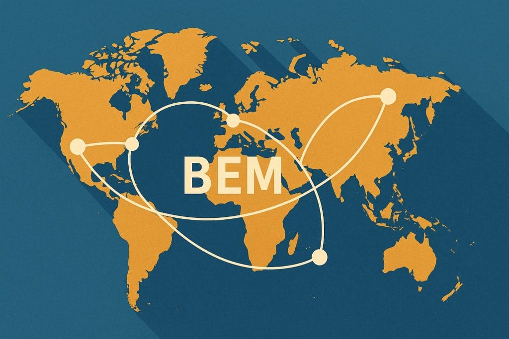 Weltkarte mit BEM-Logo und Linien