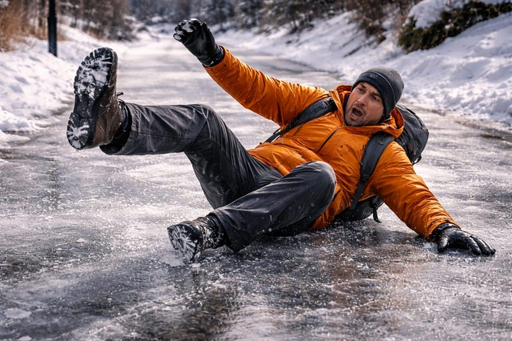 Person rutscht auf eisiger Straße im Winter aus.