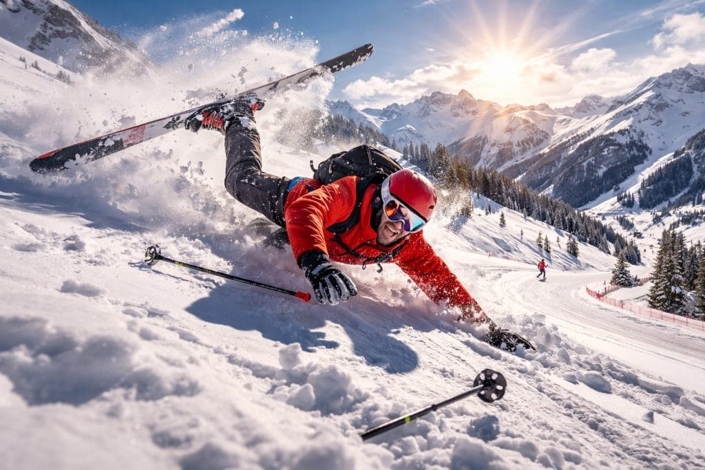 Skifahrer stürzt auf schneebedecktem Berghang