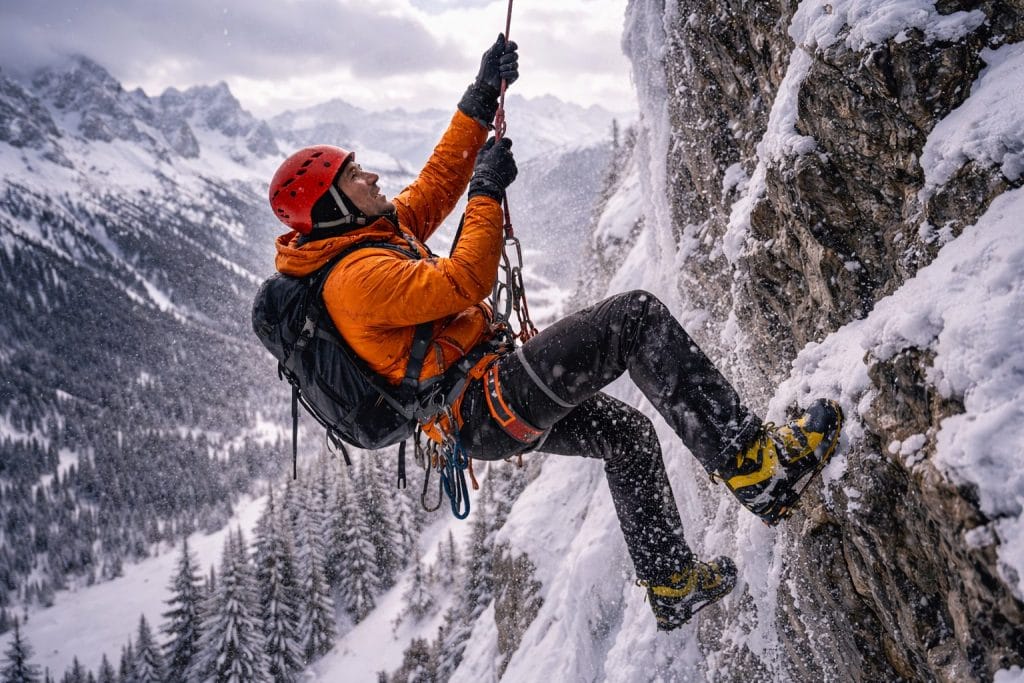 Bergsteiger klettert im Winter an verschneiter Felswand.