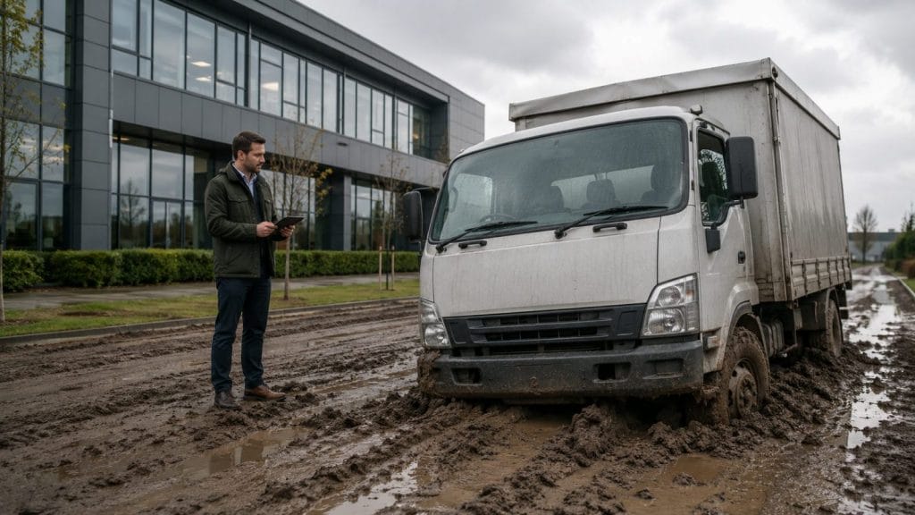 Lkw im Schlamm vor Bürogebäude festgefahren