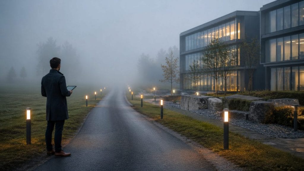Mann mit Tablet vor modernem Bürogebäude im Nebel
