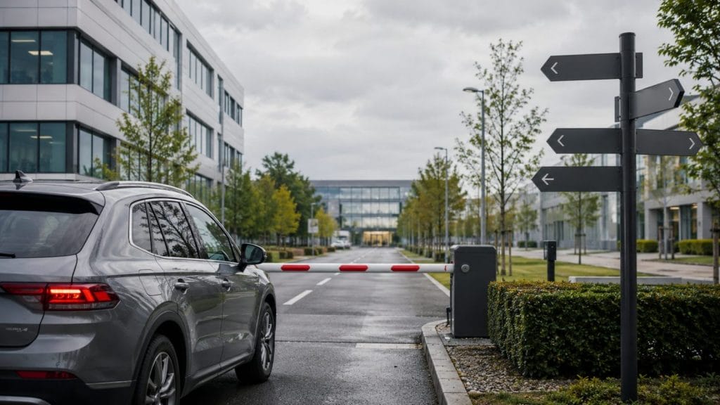 Auto vor Schranke am Bürokomplex