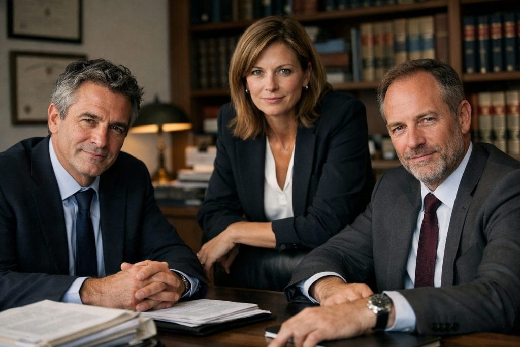 Drei Personen in Anzügen am Schreibtisch