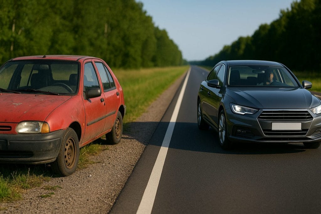 Zwei Autos auf einer Landstraße, eines alt, eines neu