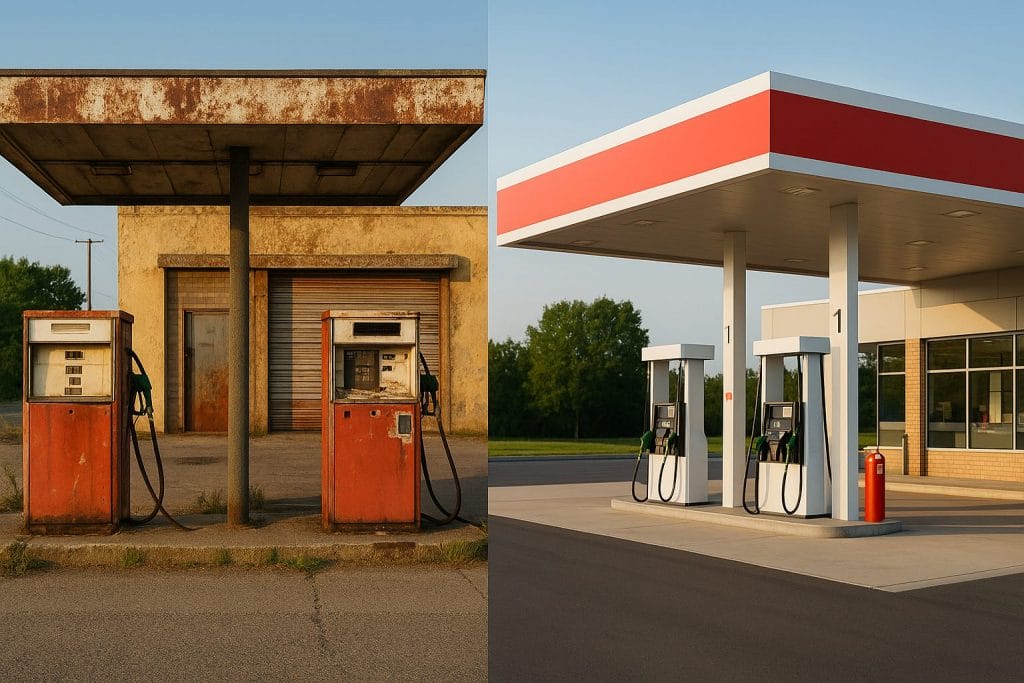 Vergleich alte und neue Tankstelle