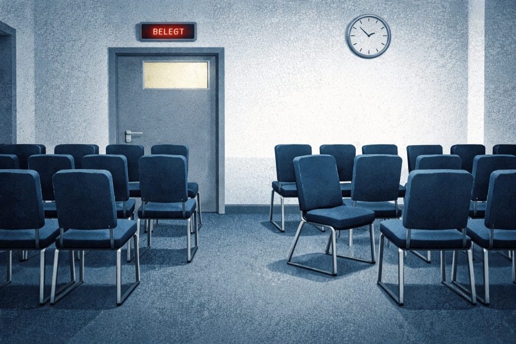 Leere Stühle vor besetztem Besprechungsraum.