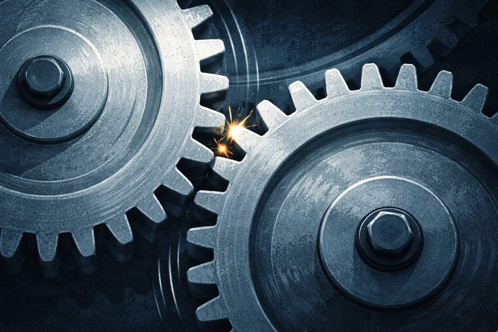 Zahnräder im Mesh, Funken fliegen.