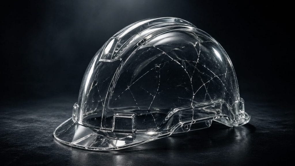 Transparenter, gesprungener Bauhelm auf dunklem Hintergrund