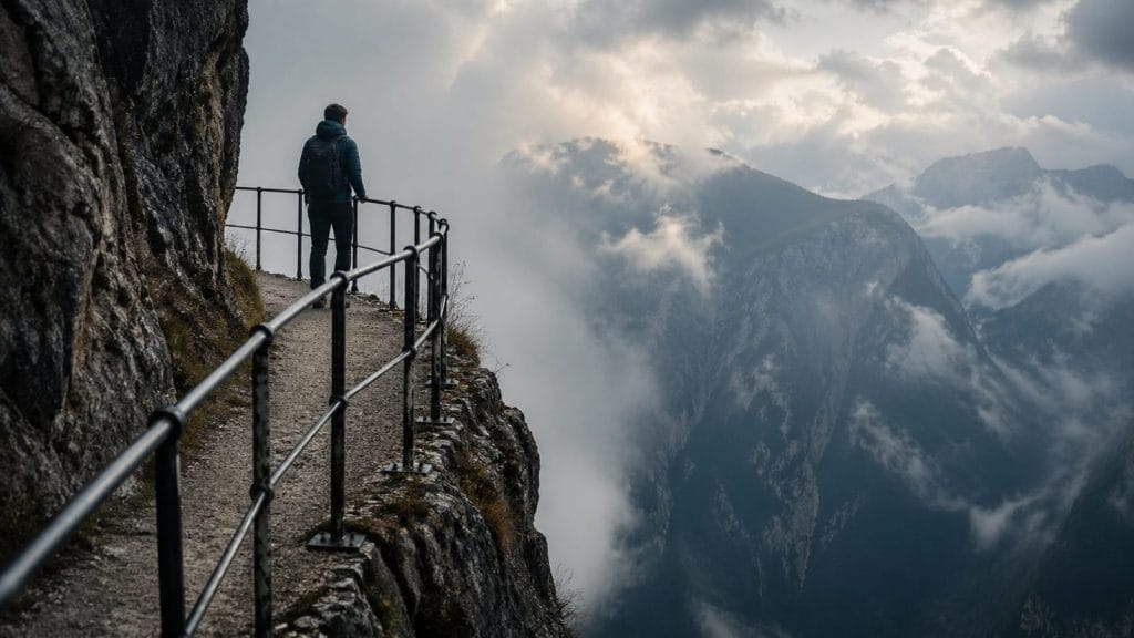 Wanderer auf schmalem Bergpfad über nebligem Tal